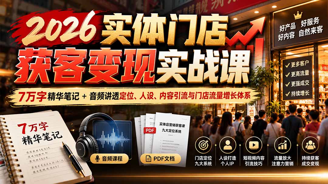 2026实体门店获客变现实战课：7万字精华笔记+音频讲透定位、人设、内容引流与门店流量增长体系-摇钱树