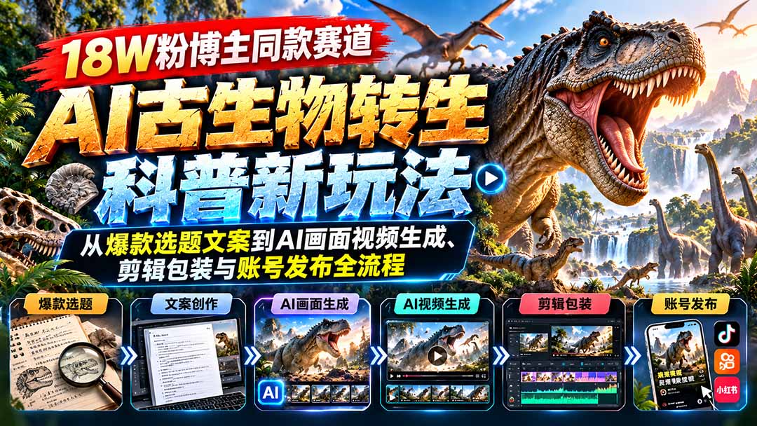 18W粉博主同款赛道-AI古生物转生科普新玩法：从爆款选题文案到AI画面视频生成、剪辑包装与账号发布全流程-摇钱树