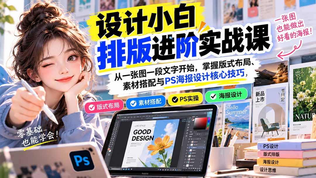 设计小白排版进阶实战课：从一张图一段文字开始，掌握版式布局、素材搭配与PS海报设计核心技巧-摇钱树