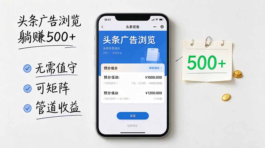 头条广告浏览躺赚500+无需值守,可矩阵并附有管道收益-摇钱树
