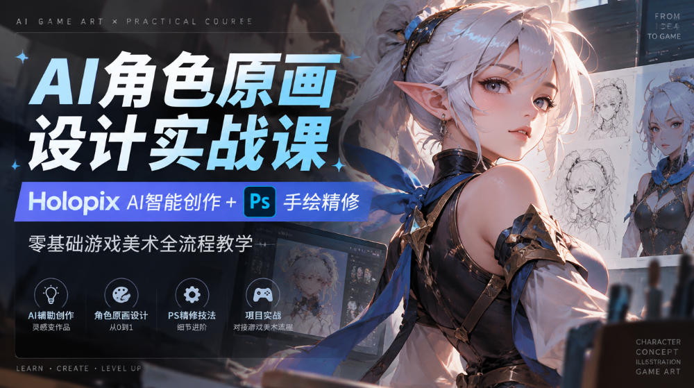 AI角色原画设计实战课｜Holopix AI智能创作+PS手绘精修，零基础游戏美术全流程教学-摇钱树