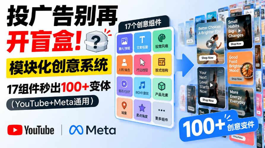 投广告别再开盲盒！模块化创意系统，17组件秒出100+变体(YouTube+Meta通用)【原创双语字幕】-摇钱树