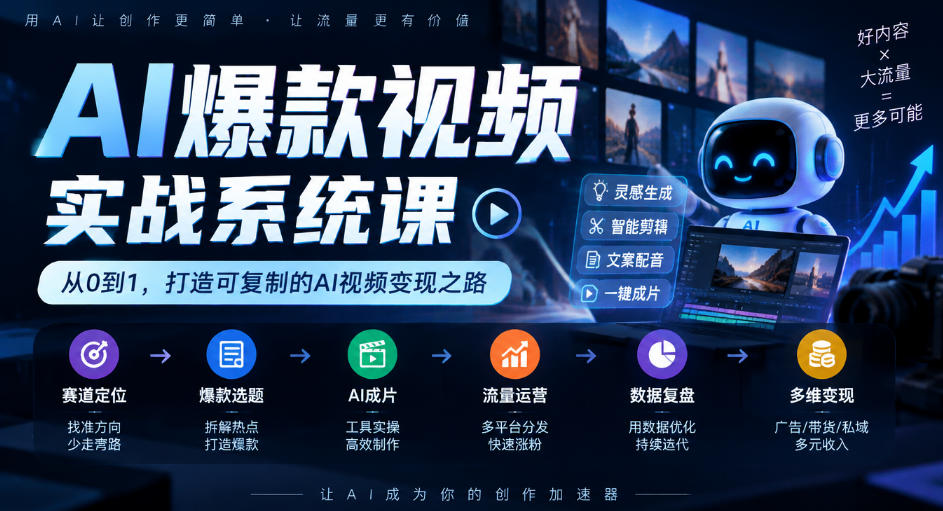 AI爆款视频实战系统课|赛道定位、爆款选题、AI成片、流量运营、数据复盘、多维变现全链路教学-丰收创业