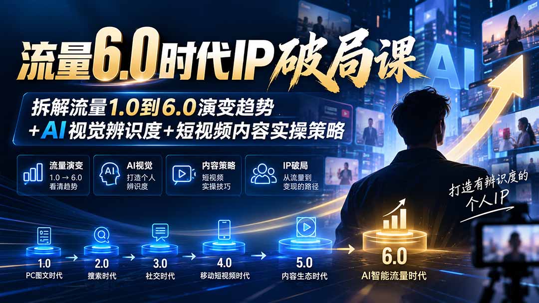 流量6.0时代IP破局课:拆解流量1.0到6.0演变趋势+AI视觉辨识度+短视频内容实操策略-摇钱树