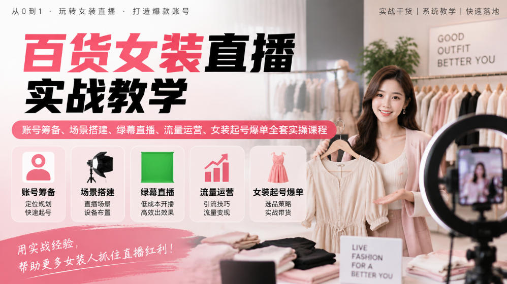 百货女装直播实战教学｜账号筹备、场景搭建、绿幕直播、流量运营、女装起号爆单全套实操课程-摇钱树