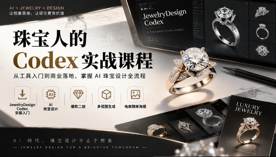 珠宝人的Codex实战课程｜JewelryDesign Codex安装入门、AI珠宝设计、爆款二创、多视图生成、电商精修海报全链路教学-摇钱树