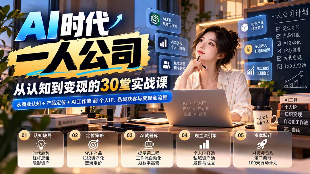 【无水印】AI时代一人公司30堂实战课：从商业认知+产品定位+AI工作流到个人IP、私域获客与变现全流程-摇钱树