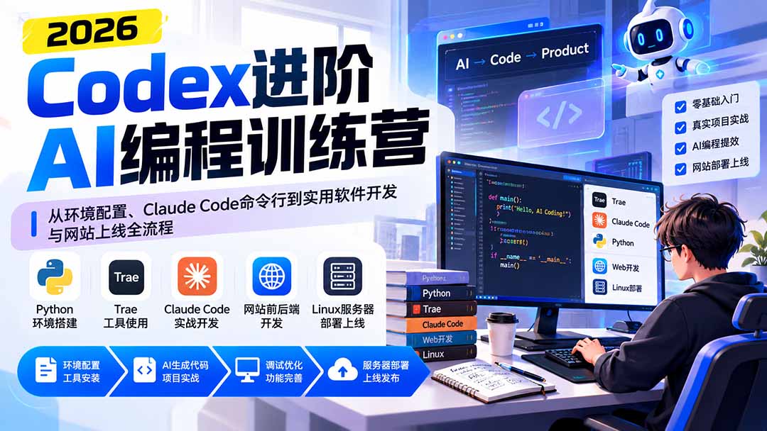 Codex进阶AI编程训练营：从环境配置、Claude Code命令行到实用软件开发与网站上线全流程-摇钱树
