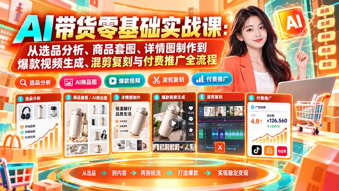 AI带货零基础实战课：从选品分析、商品套图、详情图制作到爆款视频生成、混剪复刻与付费推广全流程-摇钱树