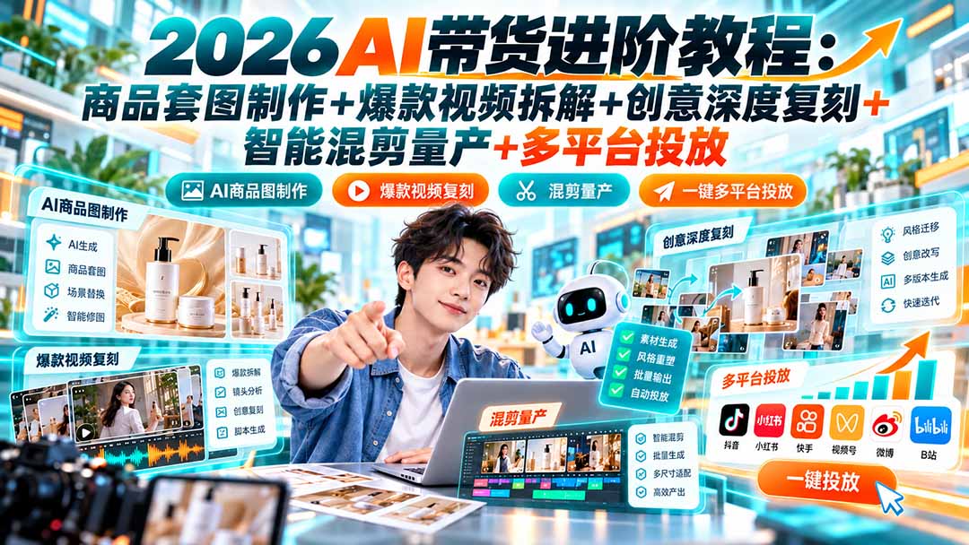 2026AI带货进阶教程:商品套图制作+爆款视频拆解+创意深度复刻+智能混剪量产+多平台投放-摇钱树