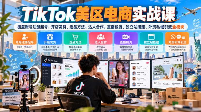 TikTok美区电商实战课，覆盖账号注册起号、开店发货、选品方法、达人合作、直播投流、独立站搭建、外贸私域引流全模块-景枢聚合