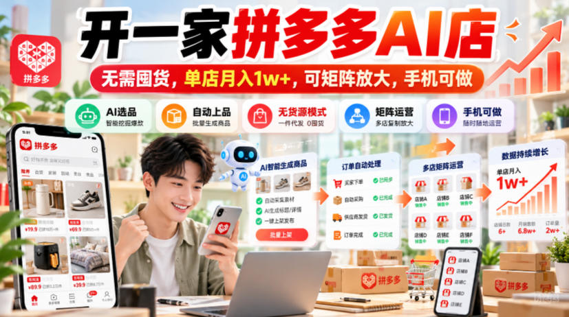 开一家拼多多AI店，无需囤货，单店月入1w+，可矩阵放大，手机可做【揭秘】-摇钱树