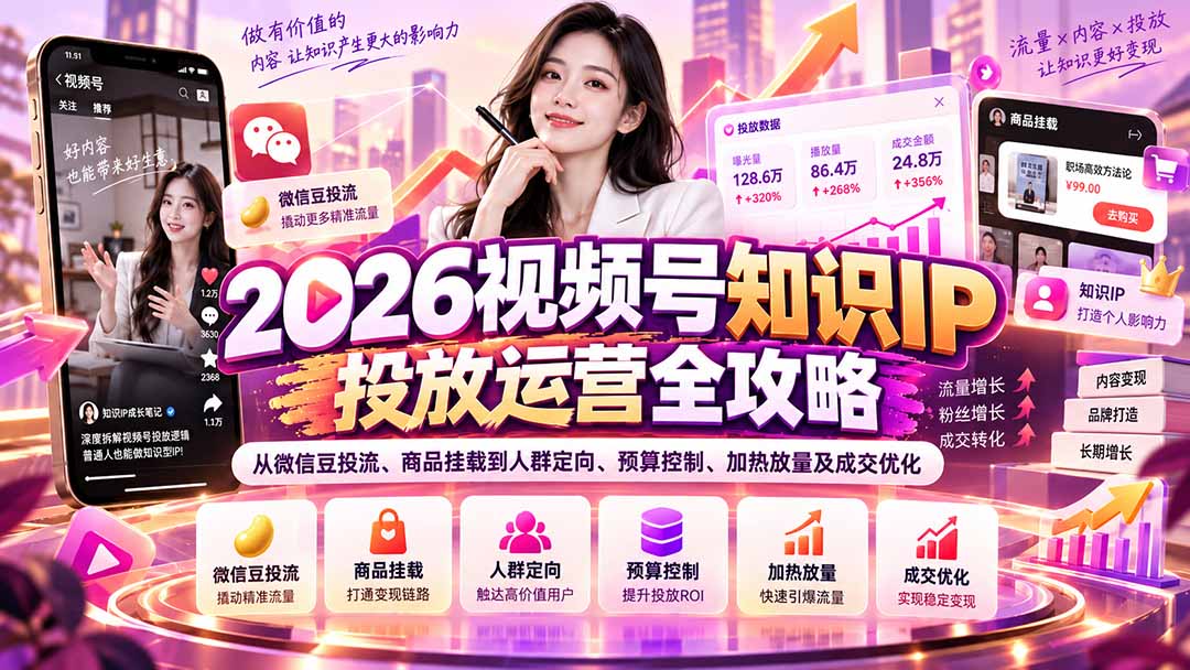 2026视频号知识IP投放运营全攻略:从微信豆投流、商品挂载到人群定向、预算控制、加热放量及成交优化-摇钱树