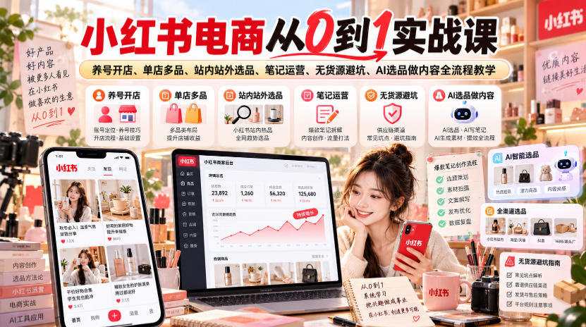 小红书电商从0到1实战课|养号开店、单店多品、站内站外选品、笔记运营、无货源避坑、AI选品做内容全流程教学-摇钱树