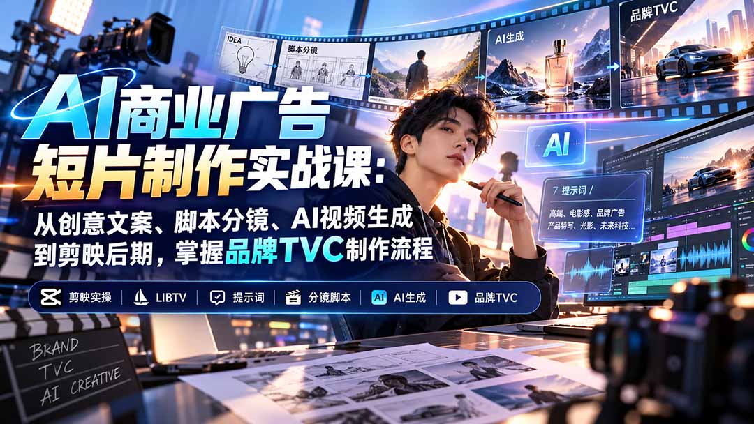 AI商业广告短片制作实战课：从创意文案、脚本分镜、AI视频生成到剪映后期，掌握品牌TVC制作流程-景枢聚合