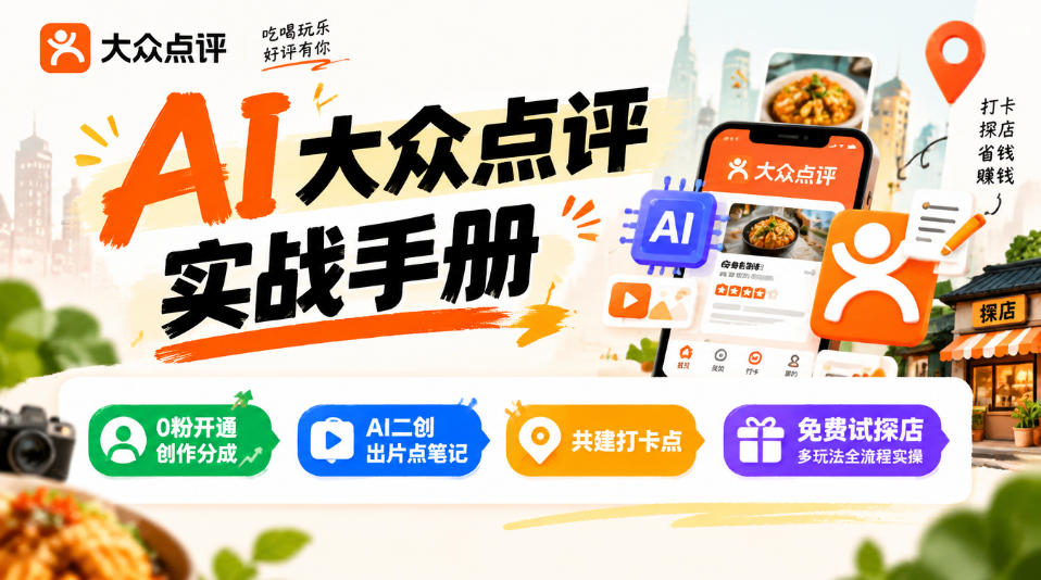 某局的AI大众点评实战手册,0粉开通创作分成、AI二创出片点笔记、共建打卡点、免费试探店多玩法全流程实操-摇钱树