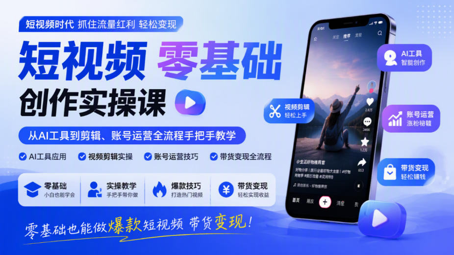 短视频零基础创作实操课,从AI工具到剪辑、账号运营全流程手把手教学,零基础也能做爆款短视频带货变现-摇钱树