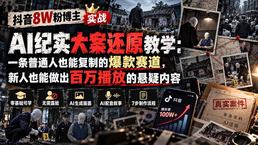 抖音8W粉博主AI纪实大案还原教学：一条普通人也能复制的爆款赛道，新人也能做出百万播放的悬疑内容-好学创业资源