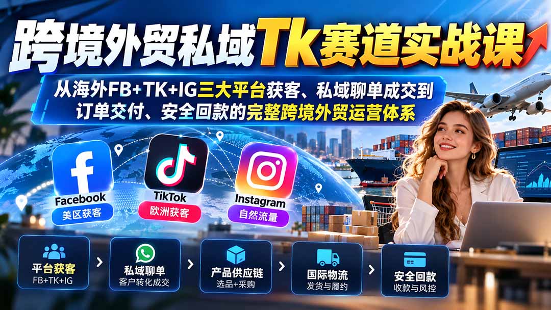 跨境外贸私域Tk赛道实战课:从海外FB+TK+IG三大平台获客、私域聊单成交到订单交付、安全回款的完整跨境外贸运营体系-摇钱树