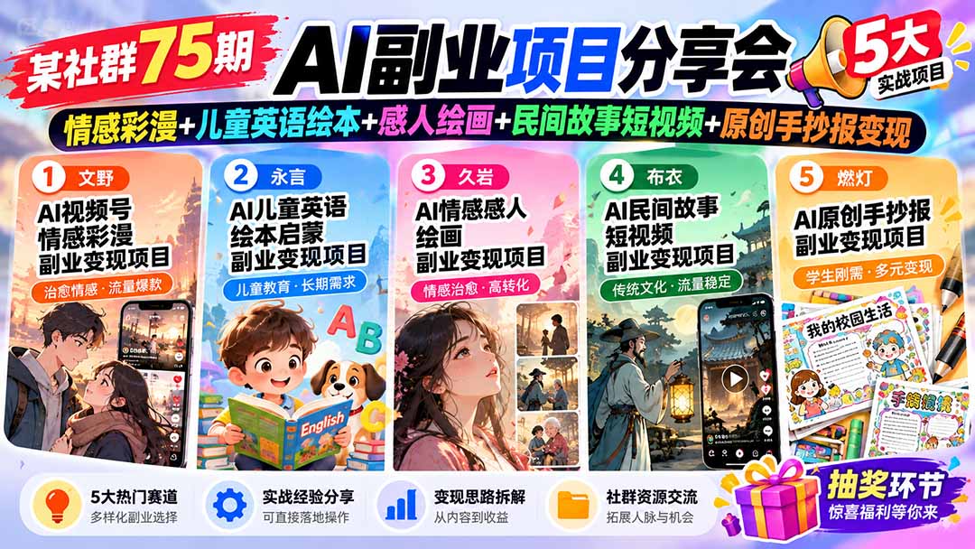 某社群75期AI副业项目分享会:情感彩漫+儿童英语绘本+感人绘画+民间故事短视频+原创手抄报变现-丰收创业