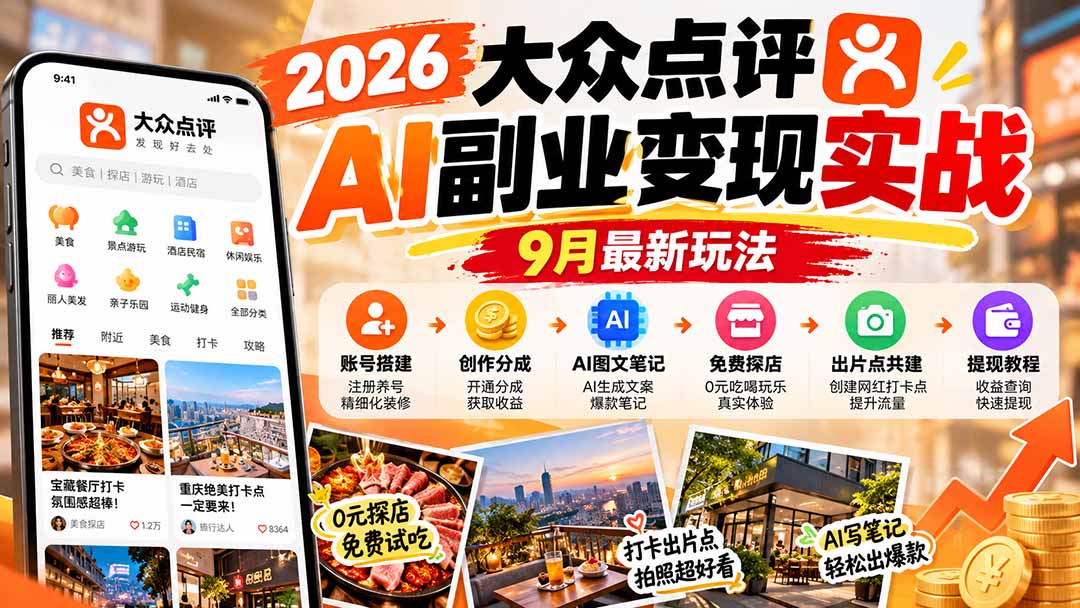 2026大众点评AI副业变现实战9月最新玩法:账号搭建+创作分成+AI图文笔记+免费探店+出片点共建与提现教程-丰收创业