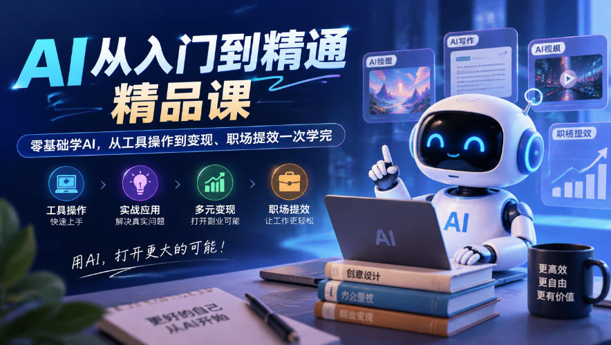 AI从入门到精通精品课,零基础学AI,从工具操作到变现、职场提效一次学完-摇钱树