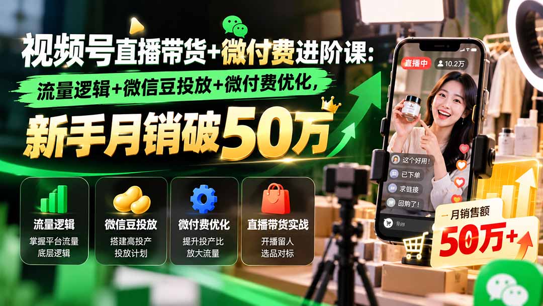 视频号直播带货+微付费进阶课-更新1010：流量逻辑+微信豆投放+微付费优化，新手月销破50万-阿鹏创业资源网