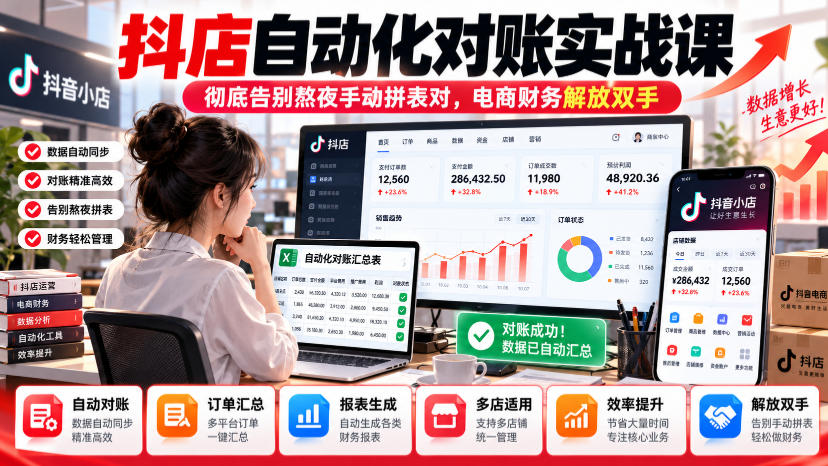 抖店自动化对账实战课,彻底告别熬夜手动拼表对,账电商财务解放双手-摇钱树