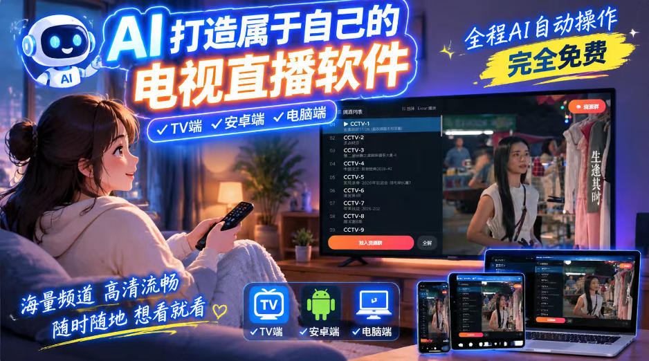 一个提示词,AI全自动做出电视直播软件,电脑、安卓、电视三端通用,完全免费,画质流畅不卡顿-摇钱树