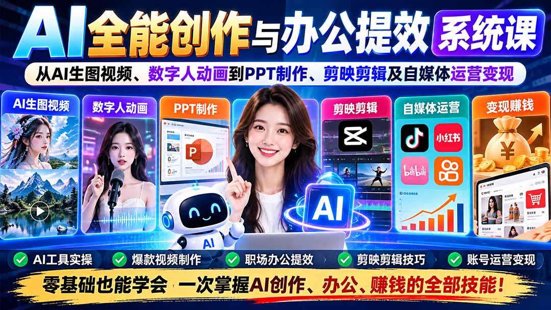 AI全能创作与办公提效系统课：从AI生图视频、数字人动画到PPT制作、剪映剪辑及自媒体运营变现-摇钱树