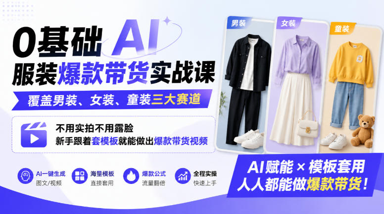0基础AI服装爆款带货实战课|覆盖男装、女装、童装三大赛道,不用实拍不用露脸,新手跟着套模板就能做出爆款带货视频(更新1010)-摇钱树