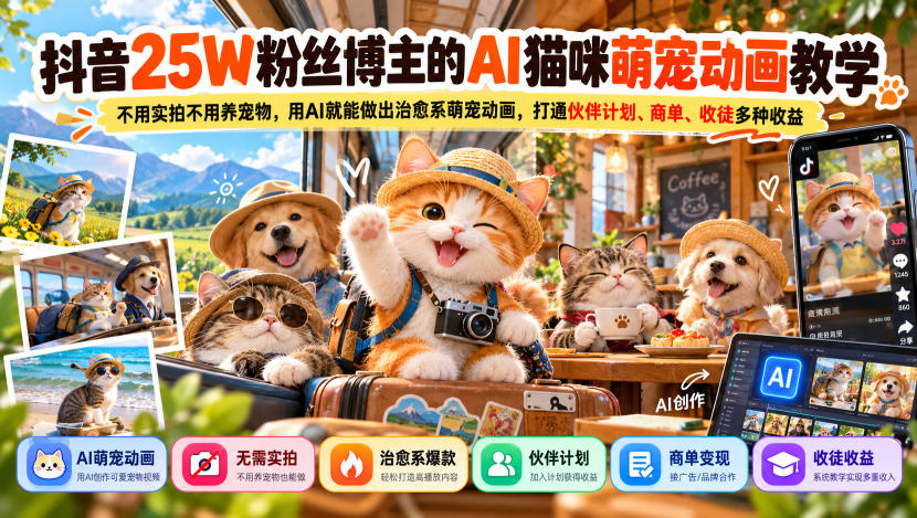 抖音25W粉丝博主的AI猫咪萌宠动画教学，不用实拍不用养宠物，用AI就能做出治愈系萌宠动画，打通伙伴计划、商单、收徒多种收益-阿鹏创业资源网