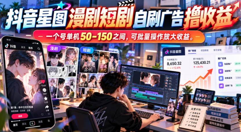 抖音星图漫剧短剧自刷广告撸收益,一个号单机50-150之间,可批量操作放大收益-摇钱树