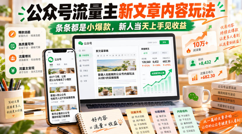 公众号流量主新文章内容玩法,条条都是小爆款,新人当天上手见收益-阿鹏创业资源网