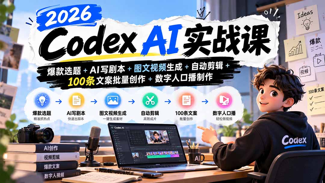 2026Codex AI实战课：爆款选题+AI写剧本+图文视频生成+自动剪辑+100条文案批量创作+数字人口播制作-子比同步系统测试站