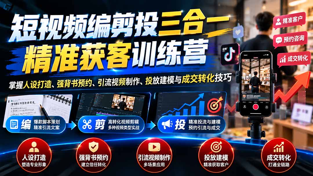 短视频编剪投三合一精准获客训练营:掌握人设打造、强背书预约、引流视频制作、投放建模与成交转化技巧-摇钱树