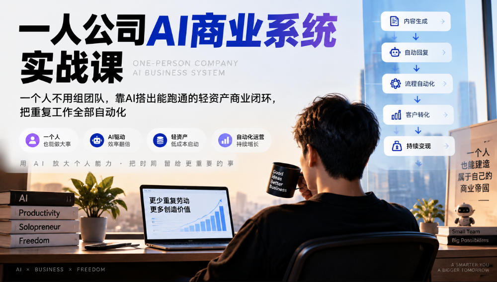 一人公司AI商业系统实战课,一个人不用组团队,靠AI搭出能跑通的轻资产商业闭环,把重复工作全部自动化-丰收创业