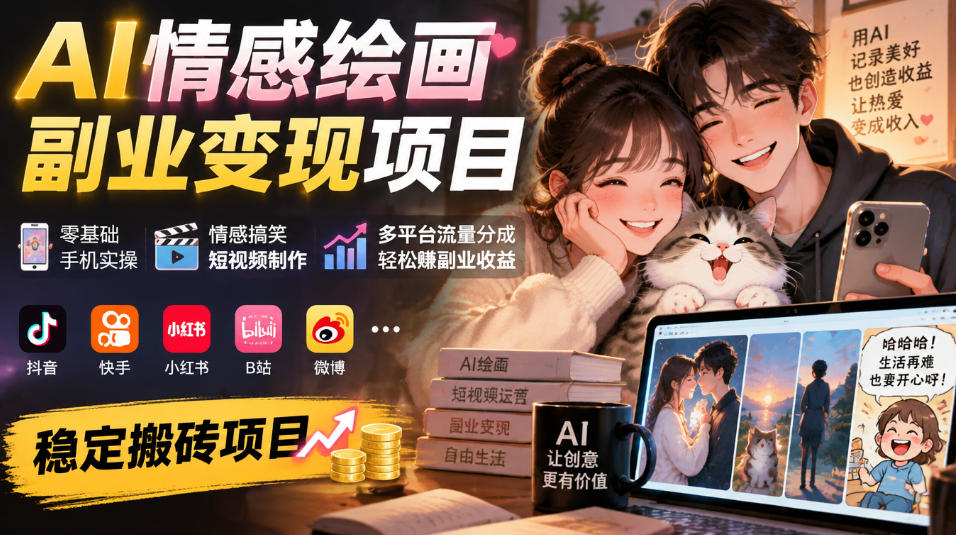 AI情感绘画副业变现项目｜零基础手机实操，情感搞笑短视频制作，多平台流量分成轻松賺副业收益-摇钱树