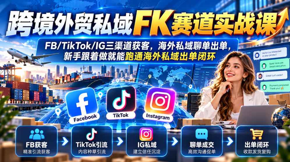 跨境外贸私域FK赛道实战课|FB/TikTok/IG三渠道获客,海外私域聊单出单,新手跟着做就能跑通海外私域出单闭环-摇钱树