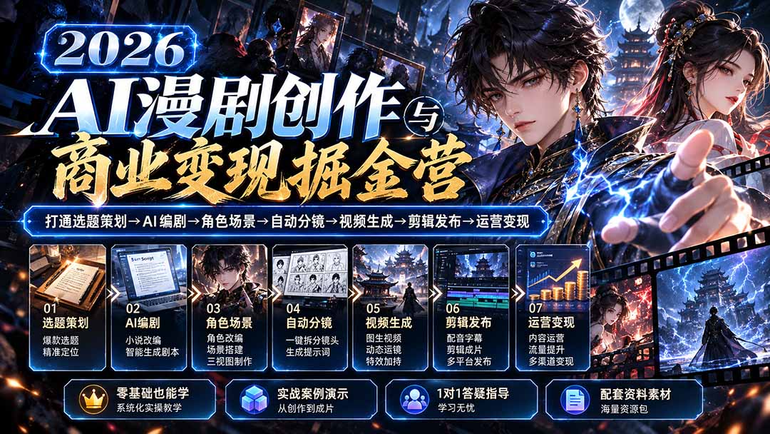 【无水印】2026AI漫剧创作与商业变现掘金营:打通选题→AI编剧→角色场景→自动分镜→视频生成→剪辑发布→运营变现-摇钱树