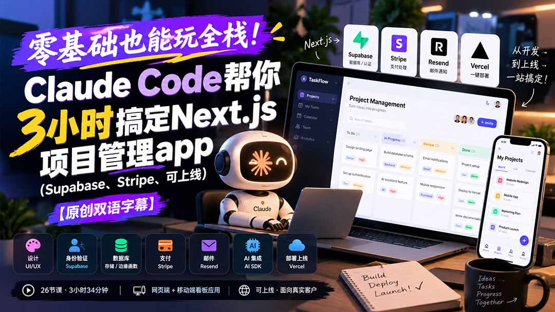 零基础也能玩全栈!Claude Code帮你3小时搞定Next.js项目管理app(Supabase、Stripe、可上线-摇钱树