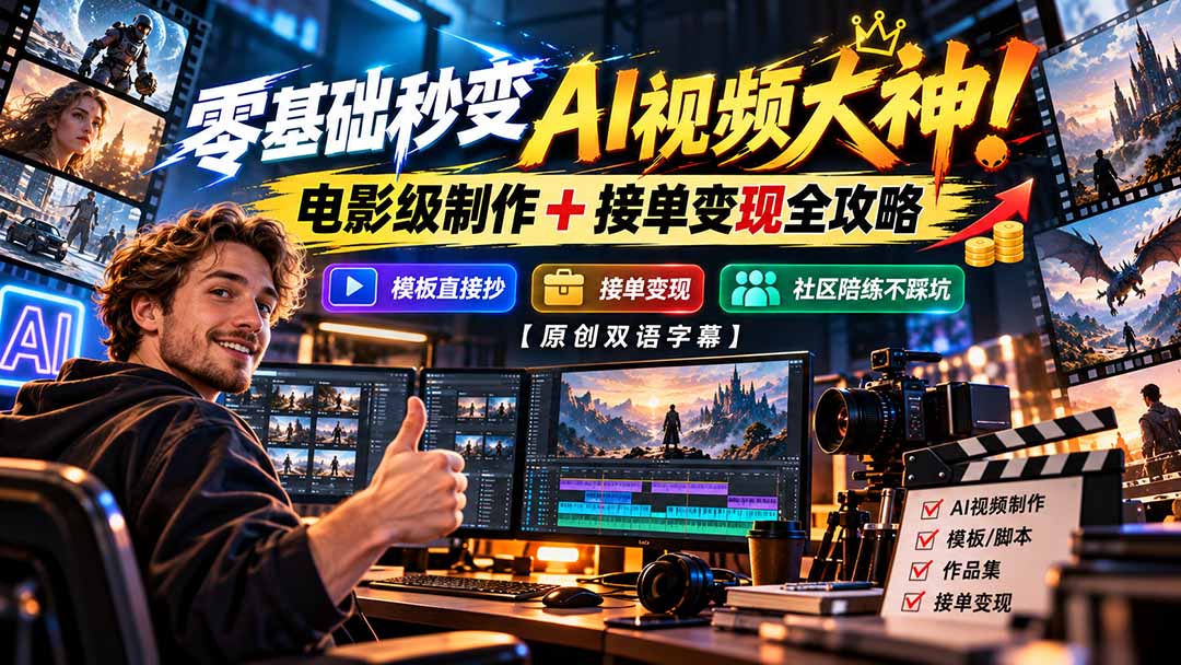 零基础秒变AI视频大神！电影级制作 + 接单变现全攻略，模板直接抄，社区陪练不踩坑【原创双语字幕】-摇钱树