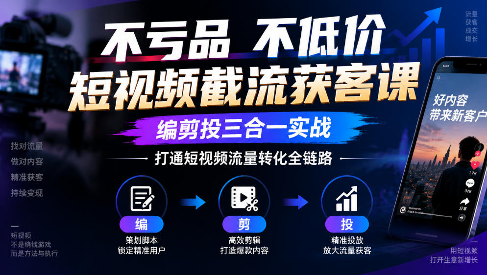 不亏品不低价短视频截流获客课,编剪投三合一实战,打通短视频流量转化全链路-丰收创业