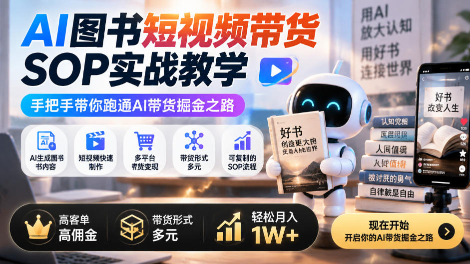 AI图书短视频带货SOP实战教学，手把手带你跑通AI带货掘金之路，高客单高佣金，带货形式多元，轻松月入1W+-摇钱树