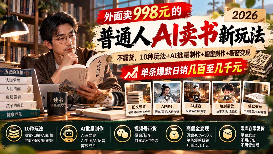 外面卖998元的2026普通人AI卖书新玩法:不露脸、不囤货,10种玩法+AI批量制作+橱窗变现,单条爆款日销几百至几千元-摇钱树