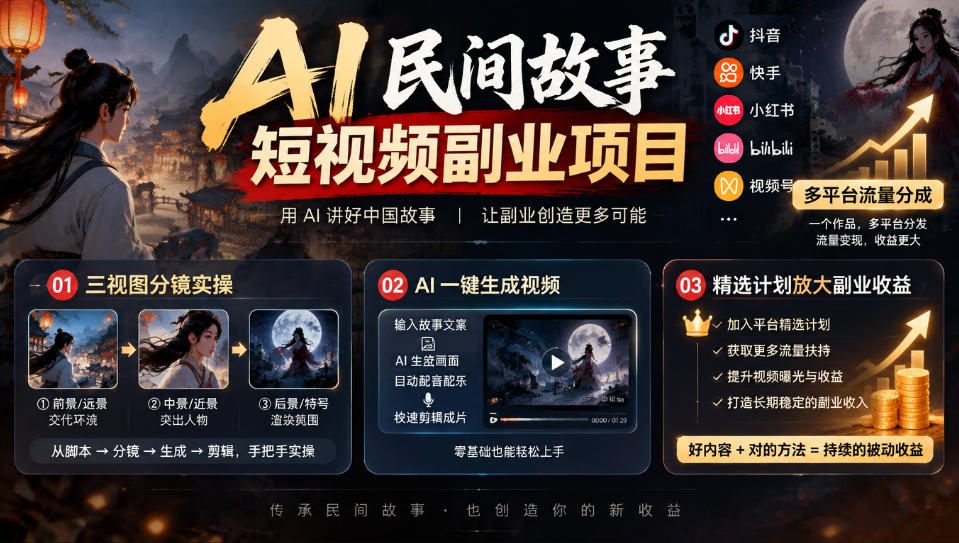 AI民间故事短视频副业项目，多平台流量分成，三视图分镜实操，精选计划放大副业收益-摇钱树