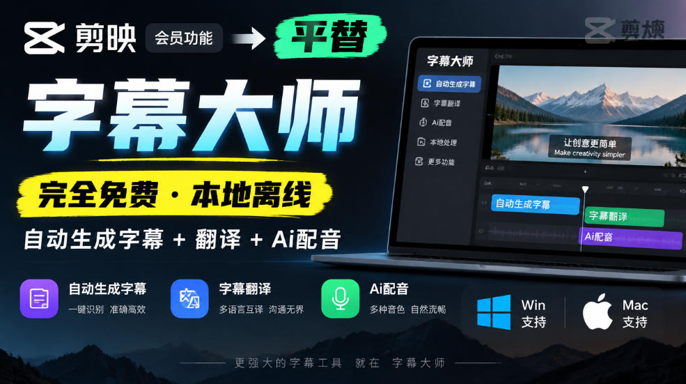 剪映会员功能平替，字幕大师完全免费本地离线，支持自动生成字幕+翻译+Ai配音，Win和Mac都支持！-摇钱树