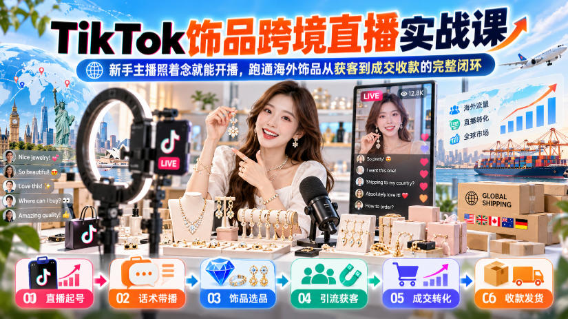 TikTok饰品跨境直播实战课，新手主播照着念就能开播，跑通海外饰品从获客到成交收款的完整闭环-摇钱树