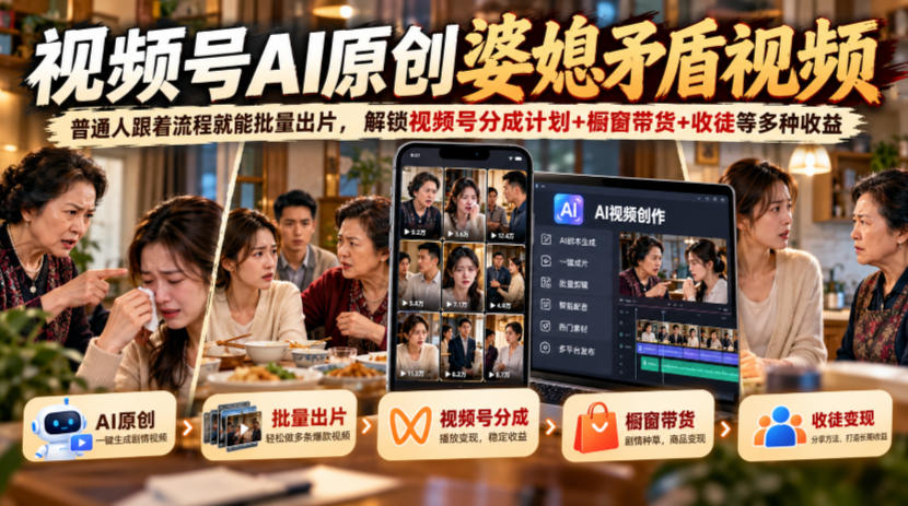 视频号ai原创婆媳矛盾视频,普通人跟着流程就能批量出片,解锁视频号分成计划+橱窗带货+收徒等多种收益-摇钱树