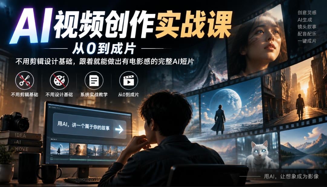 AI视频创作实战课,从0到成片,不用剪辑设计基础,跟着就能做出有电影感的完整AI短片-摇钱树